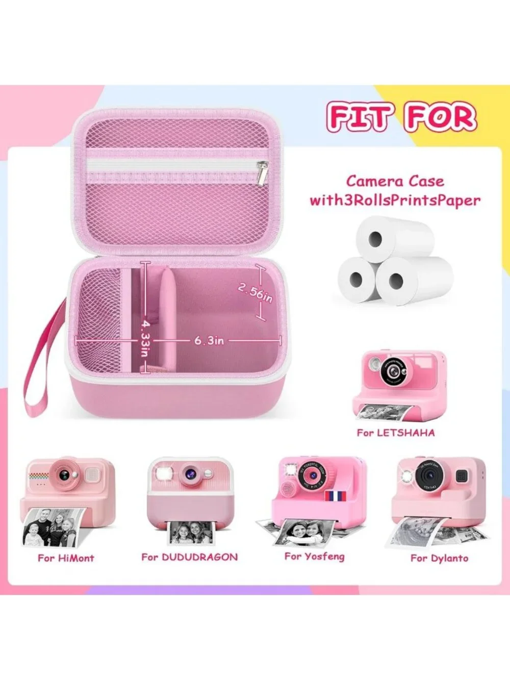 Kids Instant Print Camera Case - 3 Paper Rolls, Mesh Pocket, Shoulder Strap